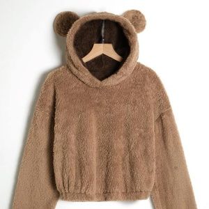 Teddy bear ear design drop shoulder hoodie